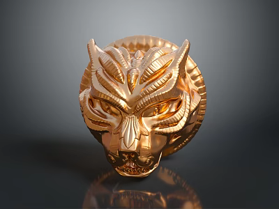 Shiny Golden Wolf Head Sculpture With Intricate Carvings On Dark Background 3d model