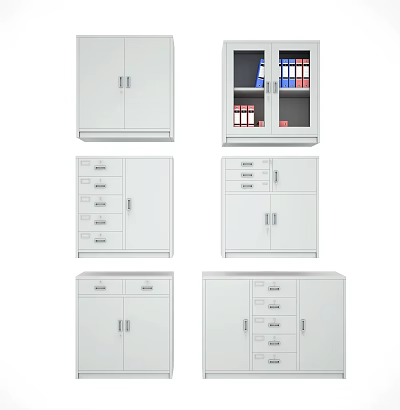 White Bookcase With Various Designs Featuring Drawers Doors And Glass Compartments 3d model