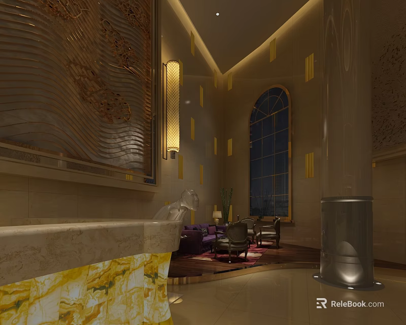 Elegant Hotel Lobby Interior With Decorative Wall Lighting Arched Window And Sofa Seating 3d model 