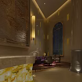 Elegant Hotel Lobby Interior With Decorative Wall Lighting Arched Window And Sofa Seating