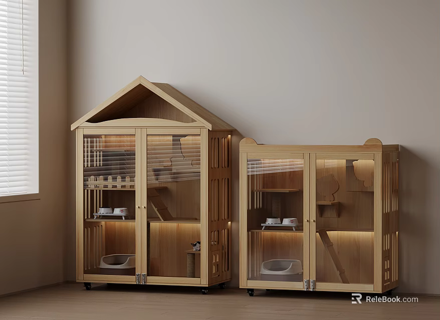 Wooden House Shaped Cat Enclosures With Glass Doors Litter Box And Window Interior 3d model 