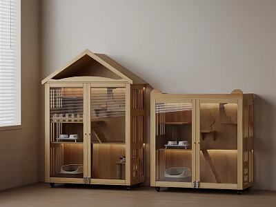 Wooden House Shaped Cat Enclosures With Glass Doors Litter Box And Window Interior 3d model