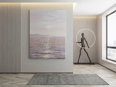 Scenic Sea Sunset Landscape Painting In Modern Living Room With Sculpture Figure Window And Rug 3d model