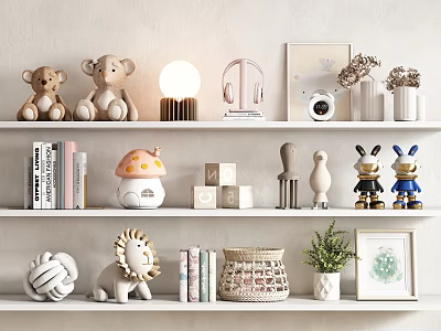 Elegant Decorative Ornament Combination with Stuffed Dolls Lamp Headphones Books and Potted Plant on Shelf 3d model