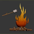 Campfire Scene With Burning Flame Wood Logs And Marshmallow On Stick