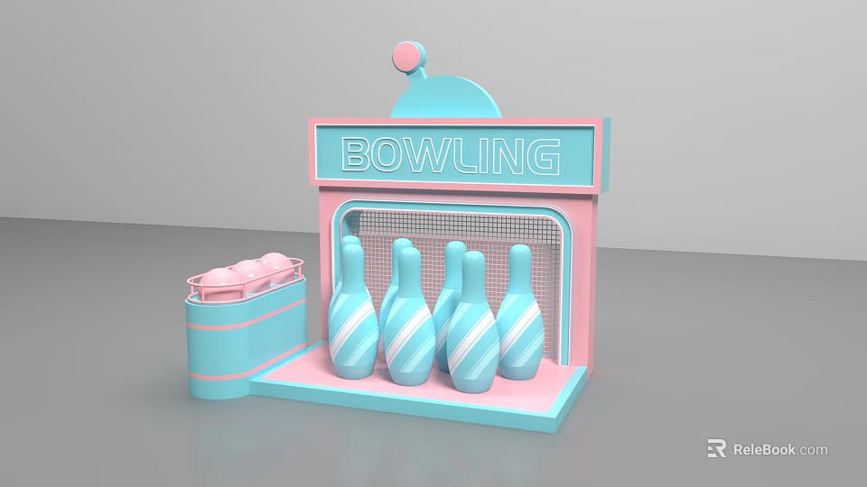 Cute Pastel Bowling Stand With Colorful Pins And Pink Ball Bucket 3d model 