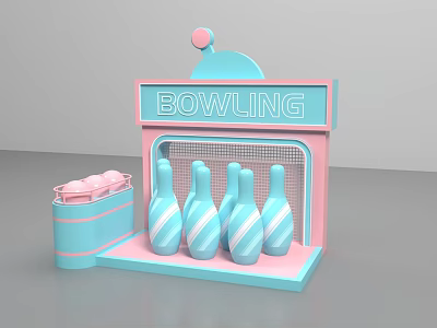 Cute Pastel Bowling Stand With Colorful Pins And Pink Ball Bucket 3d model