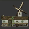Cartoon Style Windmill House Scene With Ivy Covered Walls Pointed Roof And Small Boat