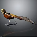 Colorful Pheasant Bird Statue Standing On Gray Stone Base With Long Tail Feathers And Dark Background