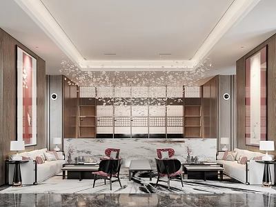 Elegant Modern Lounge Area Interior Design With Comfortable Sofa Accent Chairs Decorative Lights And Marble Elements 3d model