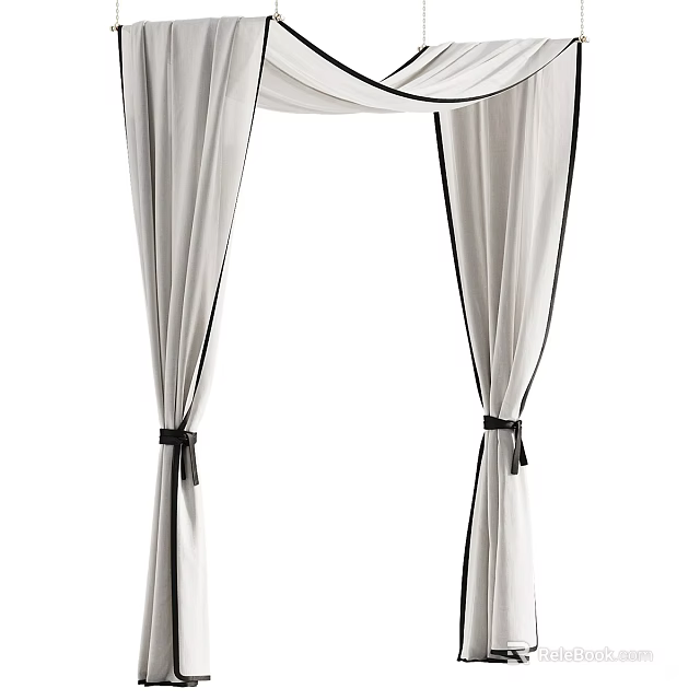 Elegant White Ceiling Drapery With Black Ribbon Ties And Flowing Fabric Design 3d model 