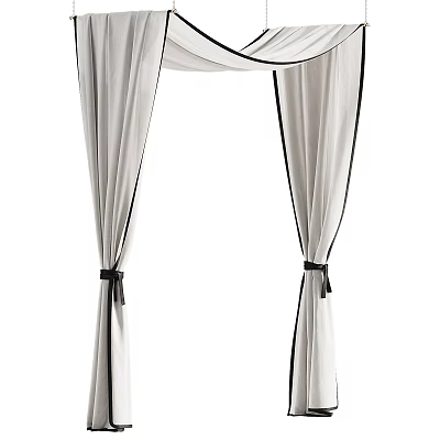Elegant White Ceiling Drapery With Black Ribbon Ties And Flowing Fabric Design 3d model