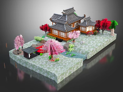 Traditional Chinese Ancient Architecture Courtyard with Classic Roof Cherry Blossom Trees and Stream 3d model