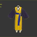Man wearing traditional Korean hanbok with yellow blue design blue sash and white inner layer