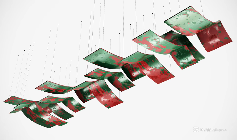 Red and Green Hanging Decorative Pendants with Flowing Sheet Design for Interior Spaces 3d model 