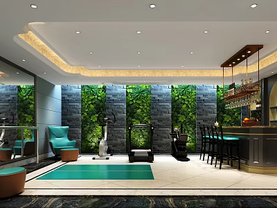 Modern Basement Space With Green Plant Wall Fitness Equipment And Bar Counter 3d model