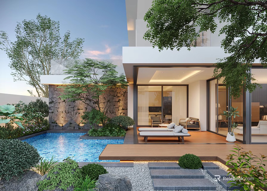 Modern Courtyard Garden with Blue Pool Lush Greenery Wooden Deck and Lounge Chairs 3d model 