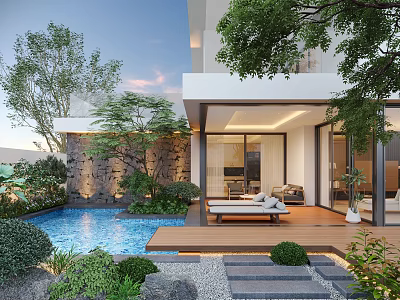 Modern Courtyard Garden with Blue Pool Lush Greenery Wooden Deck and Lounge Chairs 3d model
