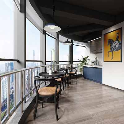 Modern Pantry with Large Windows City View Tables Chairs Blue Cabinets Horse Painting and Plants 3d model