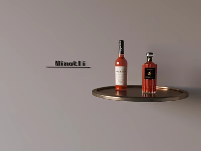 Stylish Wine Bottles Displayed On Metal Tray Against Gray Wall Interior 3d model