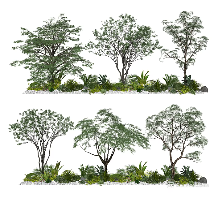 Lush Natural Arbor Trees Landscape Design With Green Plants And White Pebbles 3d model 