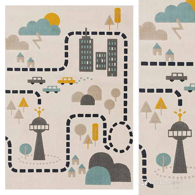 Square Rug With Cartoon Cityscape Clouds Cars Trees And Buildings 3d model 