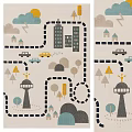 Square Rug With Cartoon Cityscape Clouds Cars Trees And Buildings