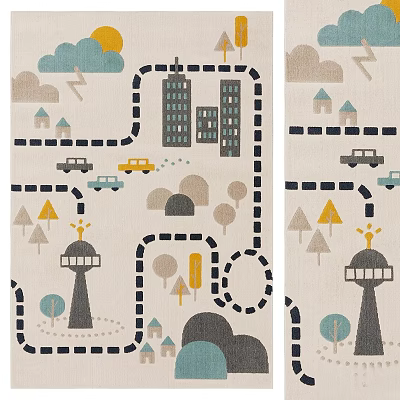 Square Rug With Cartoon Cityscape Clouds Cars Trees And Buildings 3d model