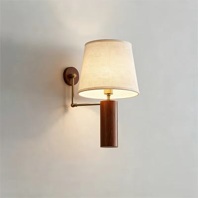 Modern Wooden Wall Lamp With Fabric Lampshade On Light Wall 3d model