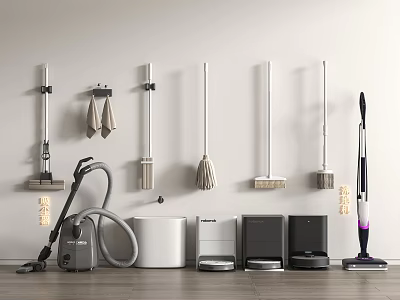 Household Cleaning Tools Organization With Vacuum Mop Broom Bucket And Robot Vacuum 3d model