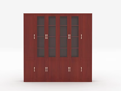 Elegant Red Wooden Bookcase With Glass Doors And Multiple Storage Cabinets 3d model