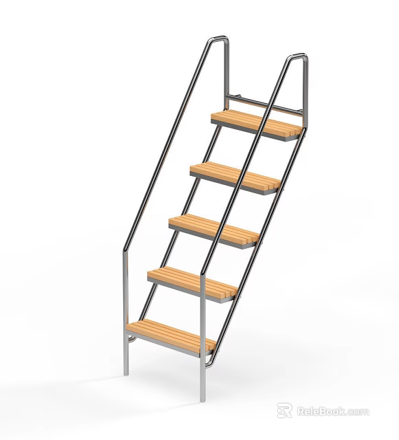 Sturdy Household Ladder With Metal Frame And Wooden Treads For Home Use 3d model 