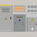 Gray Industrial Control Cabinet Featuring Multiple Panels Display Screen Buttons Indicator Lights Warning Signs Switches