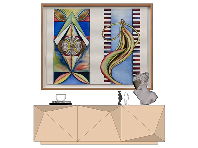 Colorful Abstract Wall Painting Above Modern Geometric Cabinet With Decorative Sculptures 3d model