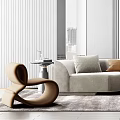 Modern Beige Sofa Coffee Table Combination With Throw Pillows And Vertical Striped Wall 3d model