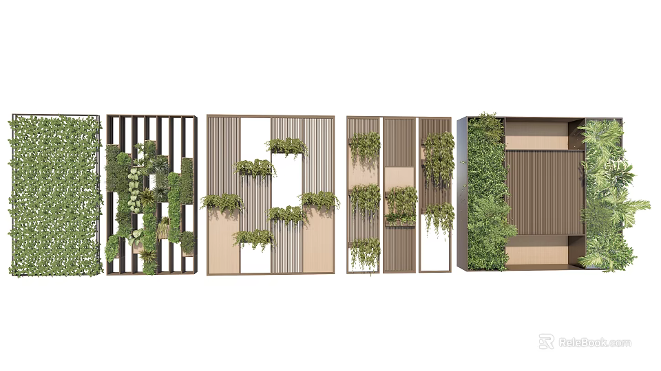 Modern Partition Designs With Green Plants And Wooden Panels For Interior Decor 3d model 