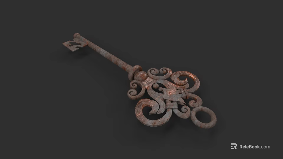 Antique Metal Key Sculpture With Intricate Ornate Carvings And Scroll Designs 3d model 