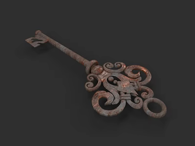 Antique Metal Key Sculpture With Intricate Ornate Carvings And Scroll Designs 3d model