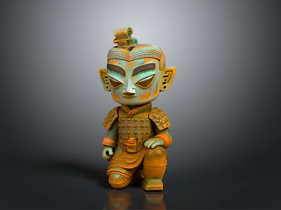Ancient Warrior Sculpture Carving With Green Orange Armor And Seated Pose 3d model