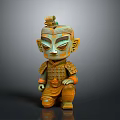 Ancient Warrior Sculpture Carving With Green Orange Armor And Seated Pose