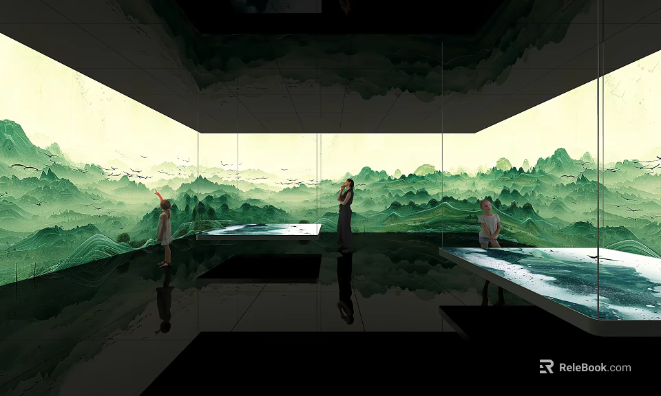 Immersive Interior Space With Green Landscape Mural And Mirrored Floor Design 3d model 