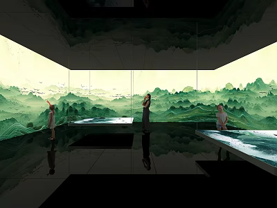 Immersive Interior Space With Green Landscape Mural And Mirrored Floor Design 3d model