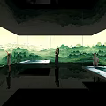 Immersive Interior Space With Green Landscape Mural And Mirrored Floor Design