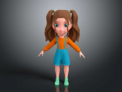 3D Cartoon Girl Character With Brown Hair Pigtails Blue Eyes Orange Top And Green Shoes 3d model