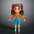 3D Cartoon Girl Character With Brown Hair Pigtails Blue Eyes Orange Top And Green Shoes