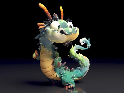 Cute Cartoon Dragon 3D Model With Green Yellow Scales And Friendly Expression 3d model