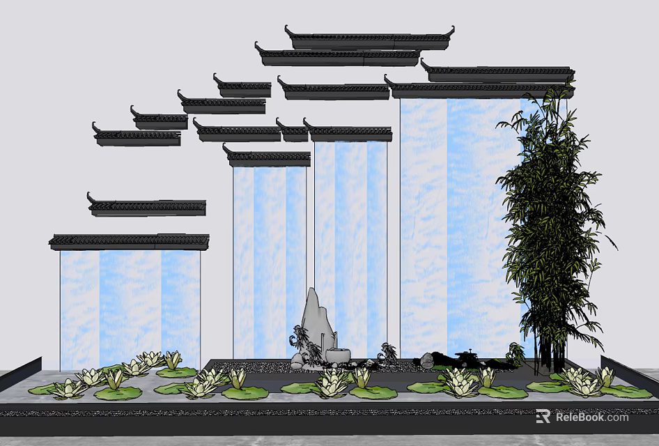 Chinese Style Garden Ornament With Tiered Eaves Water Curtain Walls Lotus Pond And Water Lilies 3d model 