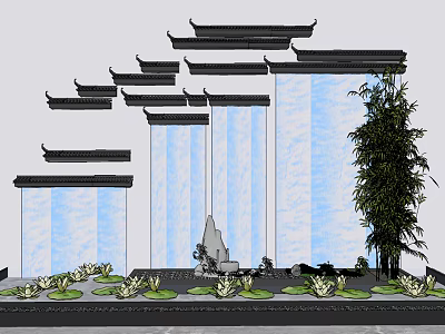 Chinese Style Garden Ornament With Tiered Eaves Water Curtain Walls Lotus Pond And Water Lilies 3d model