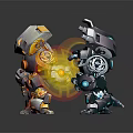 Two Robot Characters With Fire And Ice Elements Holding Weapons On Black Reflective Surface 3d model