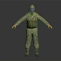 Hooded Character In Camouflage Uniform With Green Tactical Vest Arms Outstretched On Dark Background